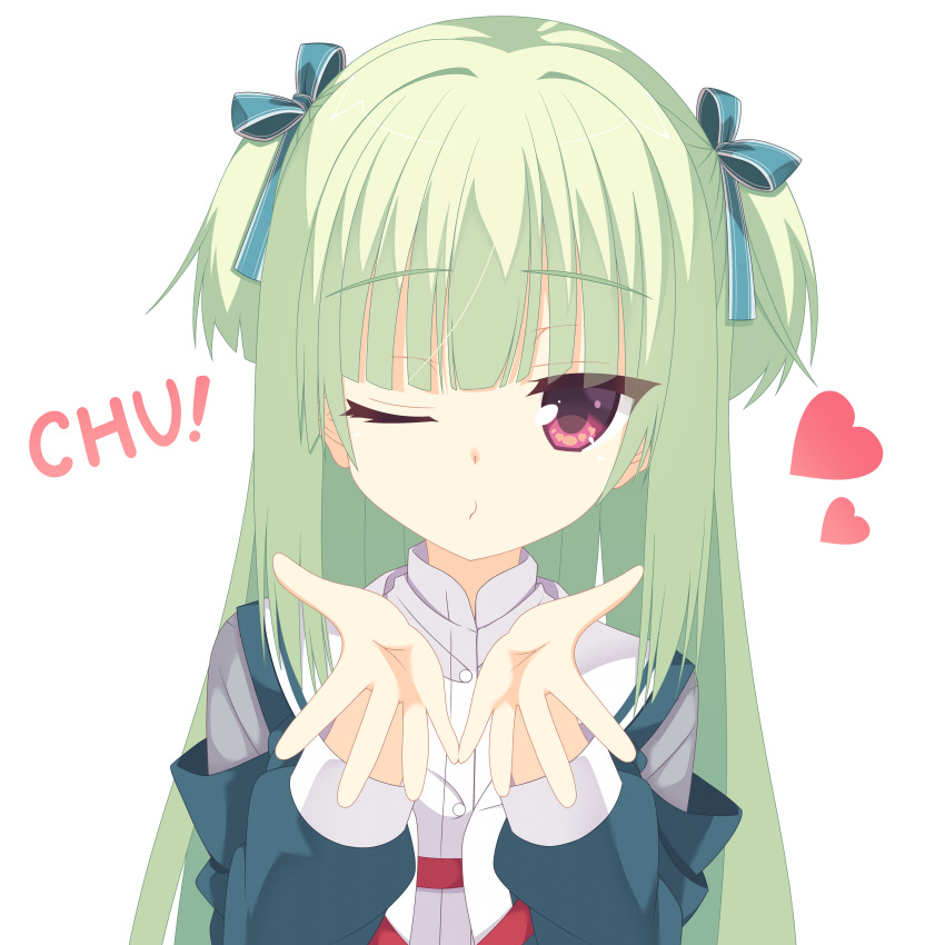1girl, absurdres, blowing_kiss, blue_ribbon, blunt_bangs, blunt_ends, commentary_request, eyes_visible_through_hair
