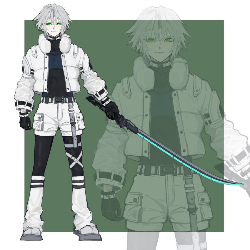 1boy, black_gloves, black_wetsuit, border, character_background, closed_mouth, cropped_jacket, final_fantasy