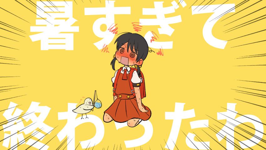 1girl, @_@, backpack, bag, bird, black_hair, blush, dress