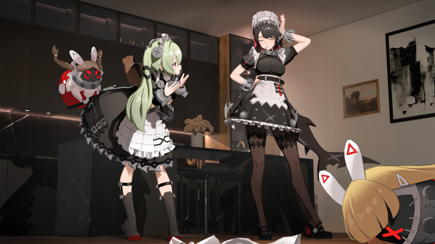 2girls, absurdres, apron, bangboo_(zenless_zone_zero), black_dress, black_hair, breasts, colored_inner_hair, corin_wickes, dress, ellen_joe, fins, fish_tail, green_hair, highres, long_hair, looking_at_viewer, maid, maid_headdress, mole, multicolored_hair, multiple_girls, pantyhose, puffy_short_sleeves, puffy_sleeves, redhead, shark_tail, short_hair, short_sleeves, simsimhea, solo, tail, twintails, violet_eyes, zenless_zone_zero