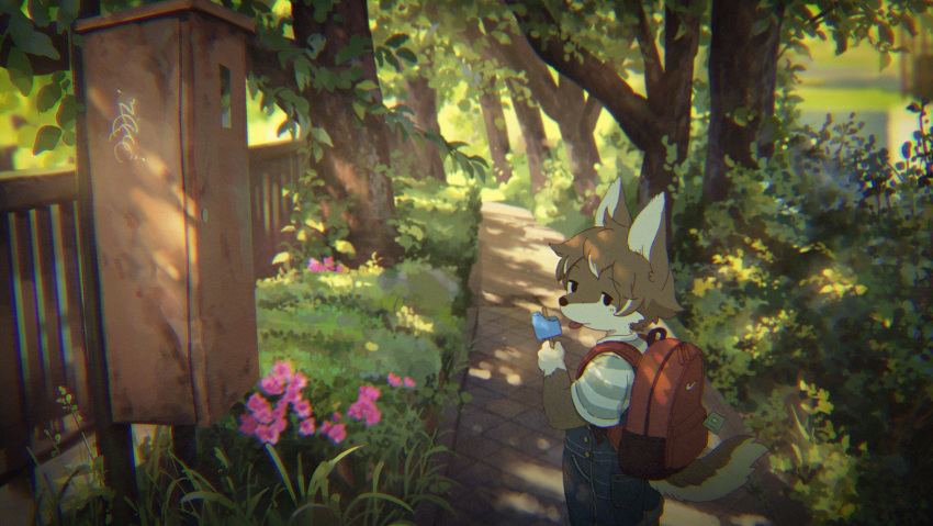 1boy, animal_ears, animal_nose, backpack, bag, black_eyes, brown_hair, child