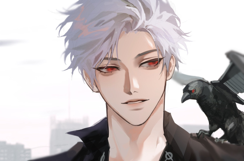 1boy, animal_on_shoulder, bird, bird_on_shoulder, black_shirt, collared_shirt, crow, highres