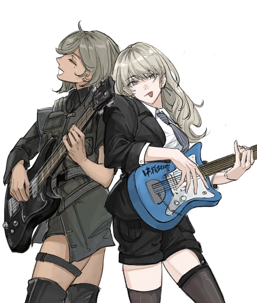 2girls, bass_guitar, black_footwear, black_necktie, black_shorts, black_thighhighs, boots, closed_eyes, collared_shirt, deerwhisky, earrings, garter_straps, girls_band_cry, grey_eyes, grey_hair, grey_jacket, grey_shorts, guitar, highres, holding, holding_bass_guitar, holding_guitar, holding_instrument, instrument, instrument_request, jacket, jewelry, kawaragi_momoka, long_hair, mole, mole_under_eye, multicolored_hair, multiple_girls, music, necktie, playing_instrument, psychederhythm_psychomaster, roots_(hair), rupa_(girls_band_cry), shirt, short_hair, shorts, simple_background, striped_necktie, thigh-highs, thigh_boots, thigh_strap, tongue, tongue_out, white_background, white_shirt