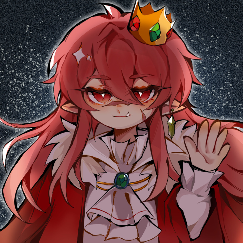 1boy, androgynous, animification, black_background, bright_pupils, cape, chinese_commentary, commentary_request, dream_smp, fang, fur_trim, gem, hair_between_eyes, hand_up, long_hair, male_focus, minecraft_youtube, mixed-language_commentary, pointy_ears, red_cape, red_eyes, redhead, solo, spanish_commentary, technoblade, waving, white_pupils, xinjinjumin3802225
