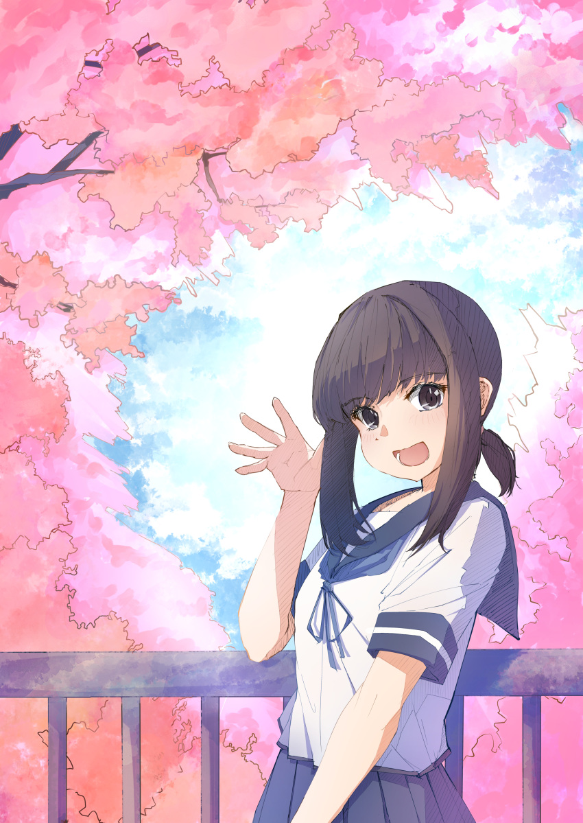 1girl, absurdres, black_hair, blue_sailor_collar, blue_skirt, cherry_blossoms, fubuki_(kancolle), highres
