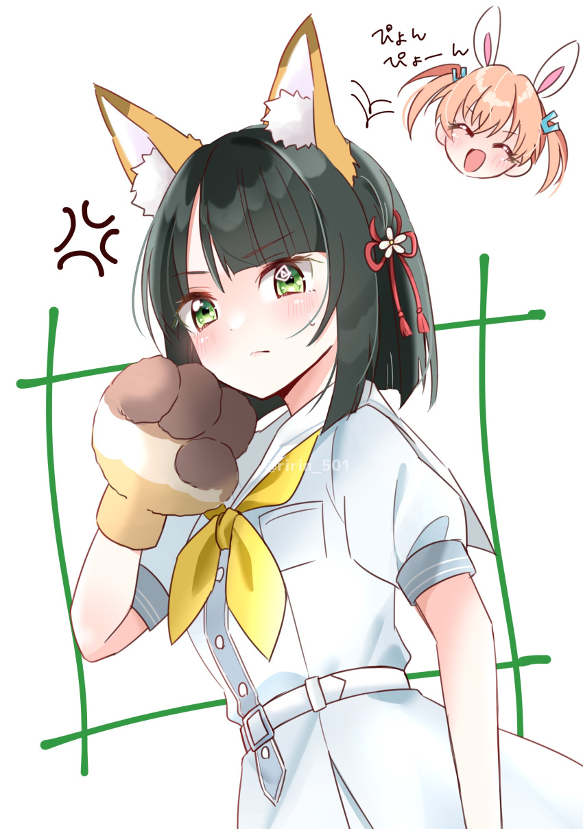 2girls, ^_^, absurdres, anger_vein, animal_ear_fluff, animal_ear_hairband, animal_ears, animal_hands