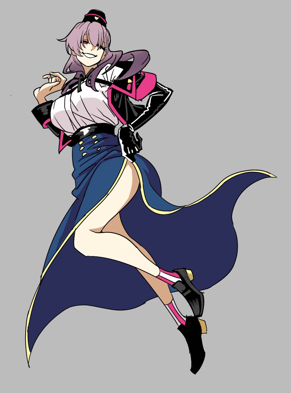 1girl, armband, black_footwear, black_gloves, black_hat, black_jacket, black_ribbon, blue_skirt