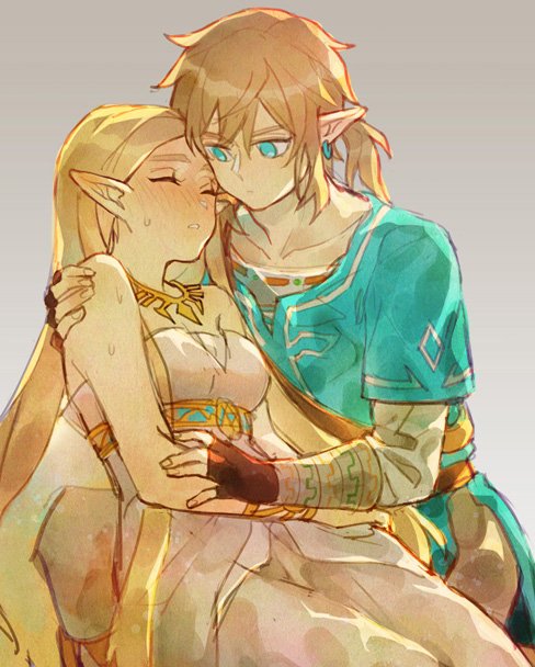1boy, 1girl, aqua_eyes, aqua_tunic, arm_around_back, blonde_hair, blush, bracer