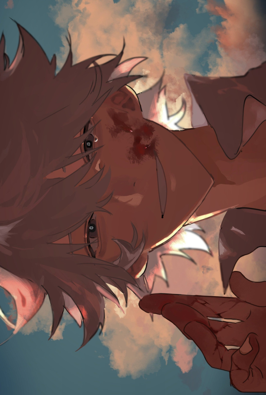 1boy, absurdres, blood, blood_on_face, blood_on_hands, blue_sky, close-up, clouds