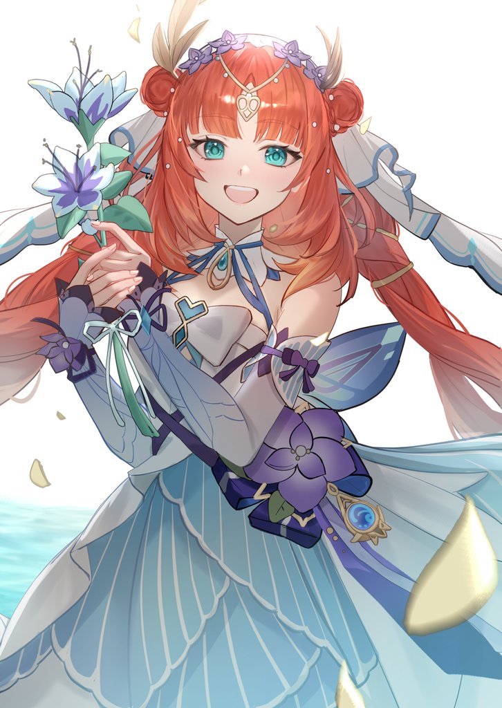 1girl, :d, aqua_eyes, bare_shoulders, blue_sleeves, commentary_request, cowboy_shot, detached_sleeves