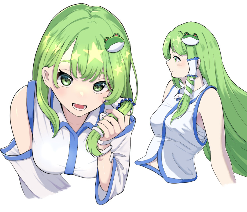 1girl, bare_arms, bare_shoulders, blue_skirt, breasts, chest_sarashi, detached_sleeves, frog_hair_ornament, green_eyes, hair_ornament, hand_in_own_hair, hashtag-only_commentary, highres, kochiya_sanae, kulukulu3333, large_breasts, long_hair, looking_at_viewer, midriff, multiple_views, open_mouth, sarashi, simple_background, single_hair_tube, single_sidelock, skirt, snake_hair_ornament, star_(symbol), touhou, upper_body, very_long_hair, white_background