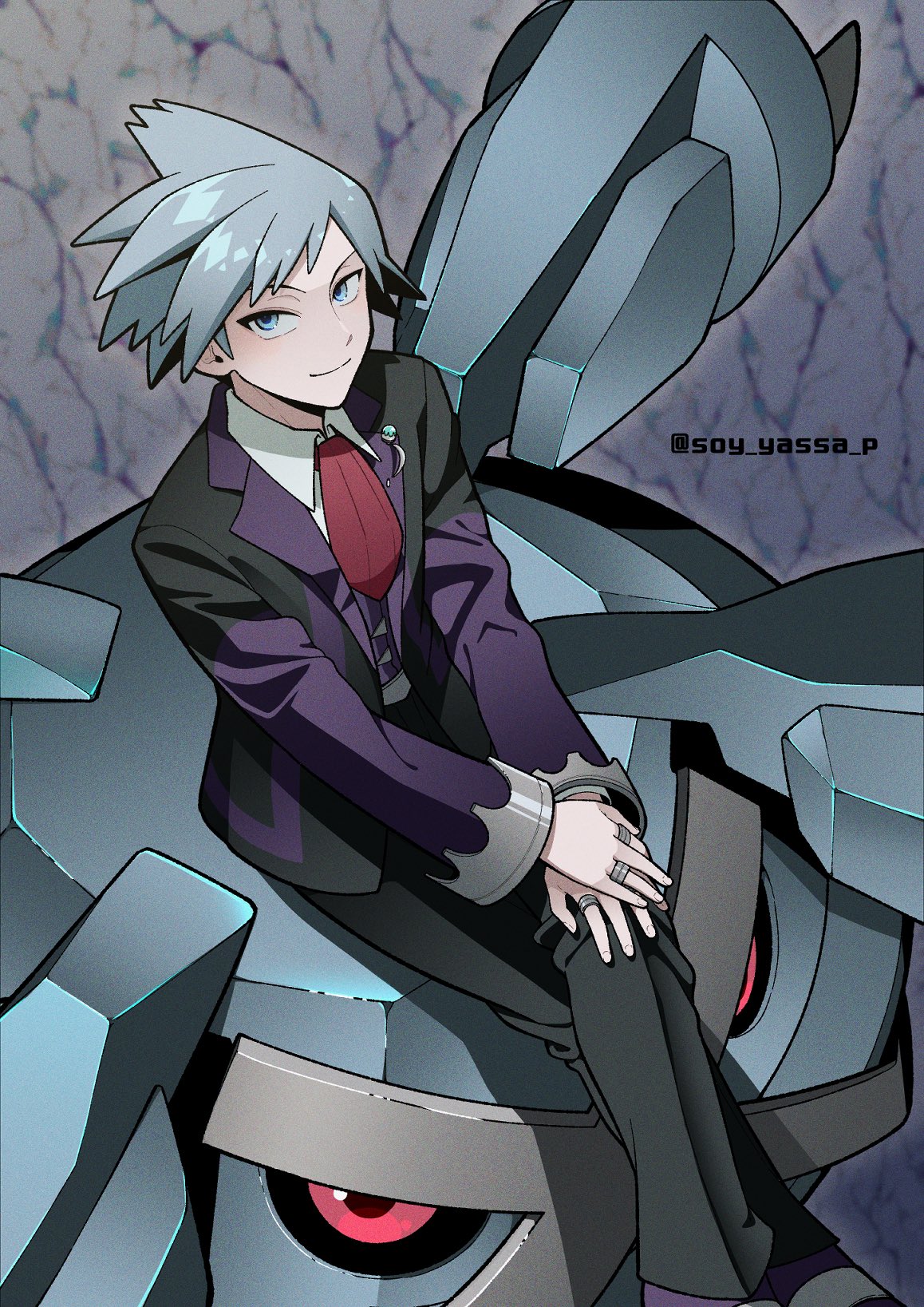 1boy, black_jacket, black_pants, blue_eyes, blue_hair, closed_mouth, collared_shirt, commentary