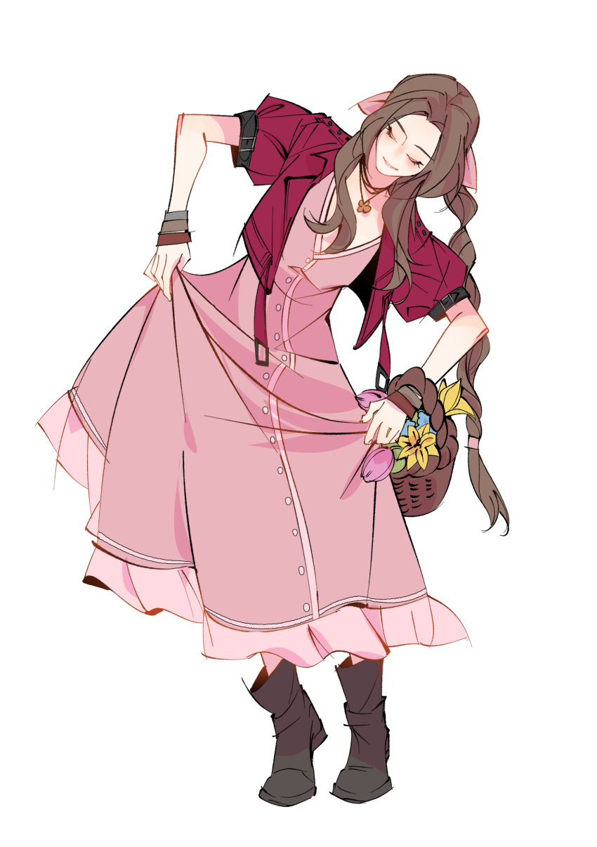 1girl, absurdres, aerith_gainsborough, bangle, basket, boots, bracelet, braid