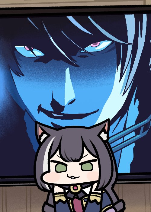 1boy, 1girl, animal_ear_fluff, animal_ears, black_hair, blue_sleeves, cat_ears, cat_girl
