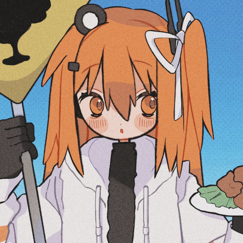 1girl, a.i._voice, black_gloves, black_shirt, blush, chicken_(food), cropped_shirt, drawstring, food, fried_chicken, gloves, hair_between_eyes, hair_ribbon, headlamp, holding, holding_food, holding_plate, holding_sign, jacket, long_sleeves, mochi_(na_si), one_side_up, open_clothes, open_jacket, orange_eyes, orange_hair, parted_lips, plate, radio_antenna, ribbon, road_sign, shirt, sign, solo, upper_body, utau, white_jacket, white_ribbon