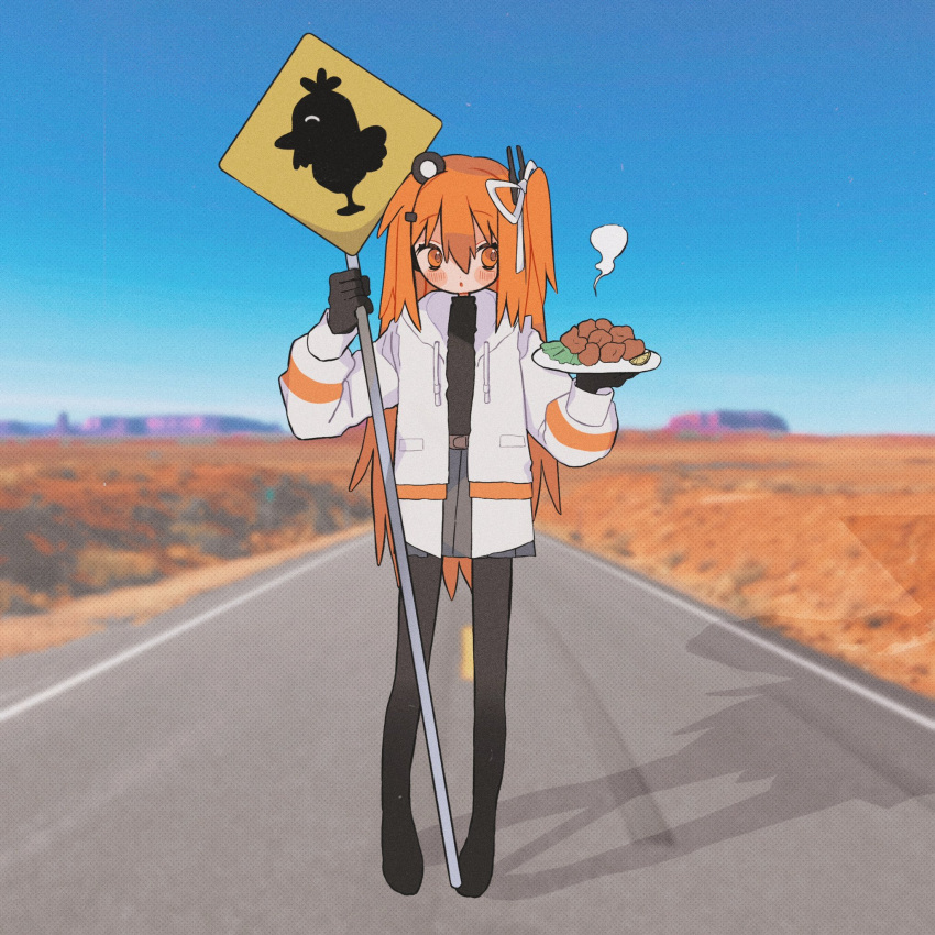 1girl, a.i._voice, adachi_rei, alternate_hair_length, alternate_hairstyle, black_gloves, black_shirt, blue_sky, blurry, blurry_background, blush, chicken_(food), day, drawstring, food, fried_chicken, full_body, gloves, grey_skirt, hair_ribbon, headlamp, highres, holding, holding_food, holding_plate, holding_sign, jacket, long_hair, long_sleeves, miniskirt, mochi_(na_si), monument_valley, one_side_up, open_clothes, open_jacket, orange_eyes, orange_hair, outdoors, parted_lips, plate, pleated_skirt, radio_antenna, ribbon, road, road_sign, shirt, sign, skirt, sky, solo, standing, steam, utau, very_long_hair, white_jacket, white_ribbon