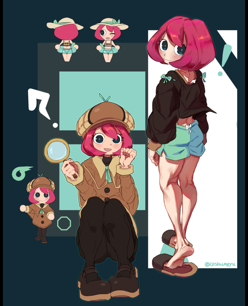 !, 1girl, ?, absurdres, bare_legs, barefoot, black_pantyhose, cashumeru, coat, detective, feet, green_eyes, green_shorts, hat, highres, innertube, loafers, looking_at_viewer, looking_back, magnifying_glass, mii_(nintendo), multiple_views, pantyhose, pink_hair, sheila_bell, shoes, shorts, slippers, soles, solo, squatting, surechigai_meikyuu, swim_ring, swimsuit