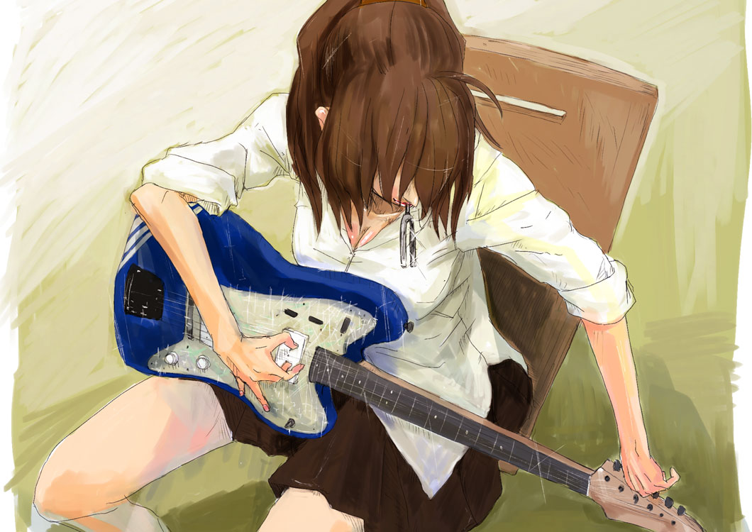breasts, brown_hair, cleavage, electric_guitar, from_above, guitar, hisako_(angel_beats!), instrument, mouth_hold, pleated_skirt, ponytail, sitting, skirt, sleeves_rolled_up, solo, tuning_fork, uranaishi