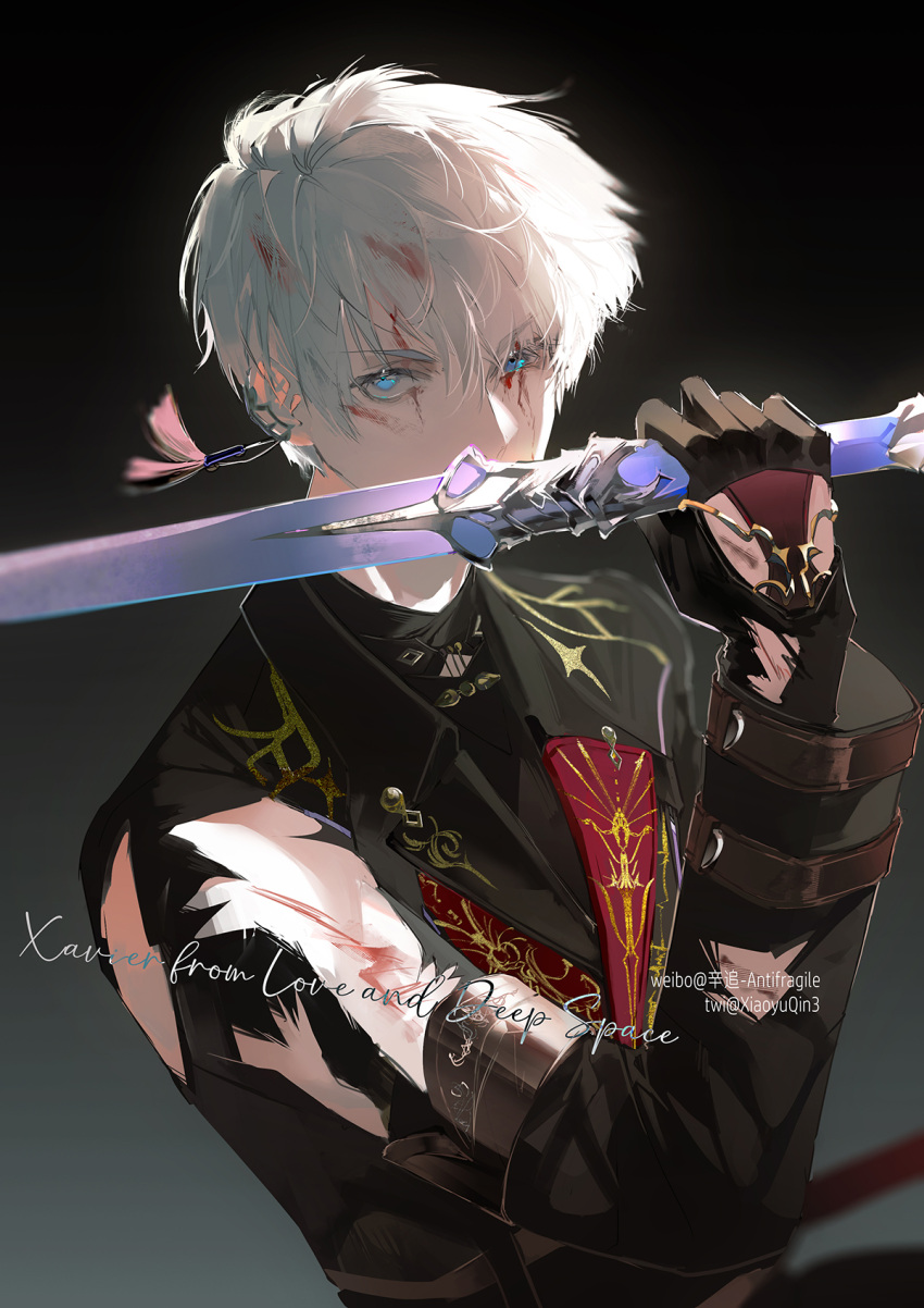 1boy, armlet, black_background, black_gloves, black_jacket, blood, blood_on_face, blue_eyes