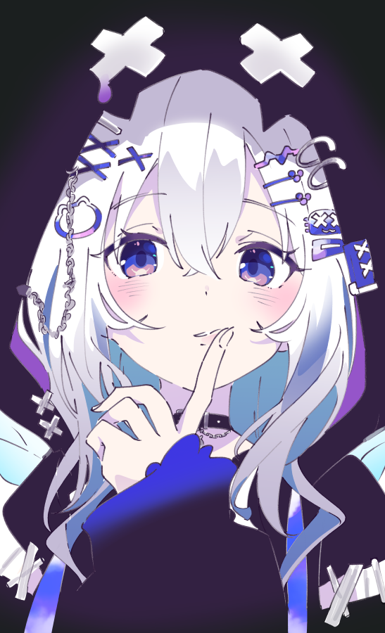 1girl, amane_kanata, amane_kanata_(punk_rock), black_choker, black_hoodie, blue_eyes, blue_hair, blush, choker, fingernails, hair_between_eyes, hair_ornament, hairclip, hololive, hood, hoodie, ixy, long_sleeves, looking_at_viewer, medium_hair, multicolored_hair, official_alternate_costume, parted_lips, solo, two-tone_hair, upper_body, virtual_youtuber, white_hair, x_hair_ornament