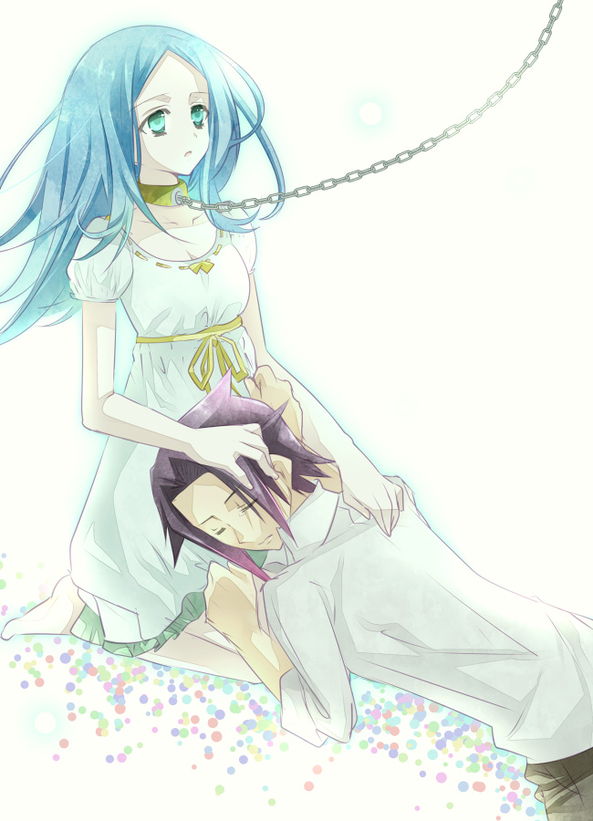 bags_under_eyes, barefoot, blue_hair, chain, closed_eyes, collar, comforting, dress, head_(star_driver), kita_no_miko, leash, long_hair, miyabi_reiji, purple_hair, star_driver, sumomo_(peach-breath)