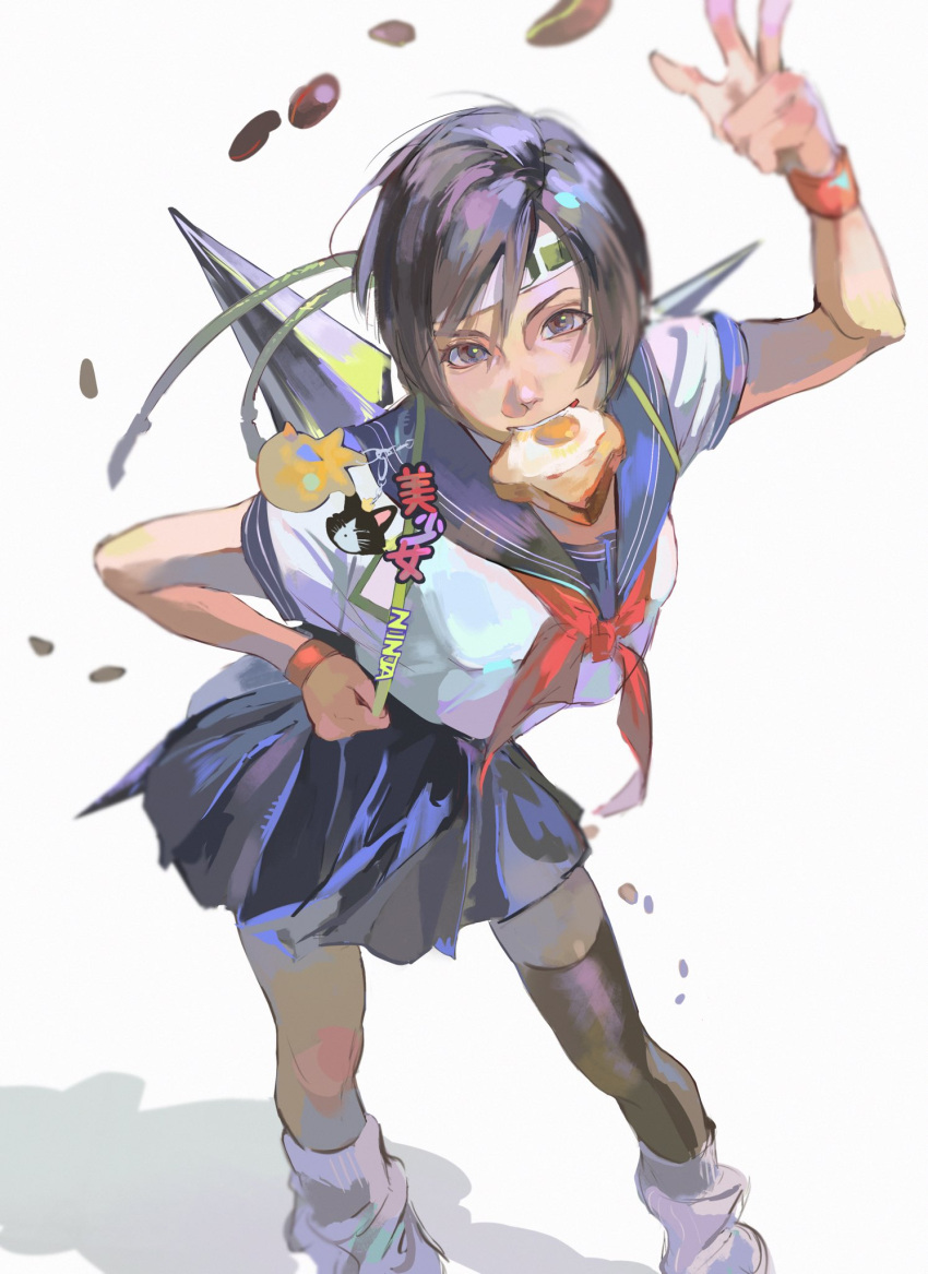 1girl, black_hair, blue_sailor_collar, blue_serafuku, blue_skirt, bread, bread_slice, breasts, cait_sith_(ff7), chocobo, feet_out_of_frame, final_fantasy, final_fantasy_vii, final_fantasy_vii_rebirth, final_fantasy_vii_remake, food, food_in_mouth, fried_egg, grey_eyes, hair_between_eyes, headband, highres, looking_at_viewer, loose_socks, medium_breasts, mmmylamb, mouth_hold, neckerchief, pleated_skirt, red_neckerchief, sailor_collar, school_uniform, serafuku, shirt, short_hair, short_sleeves, shuriken, single_thighhigh, skirt, socks, solo, thigh-highs, toast, toast_in_mouth, v, weapon, weapon_on_back, white_background, white_shirt, yuffie_kisaragi