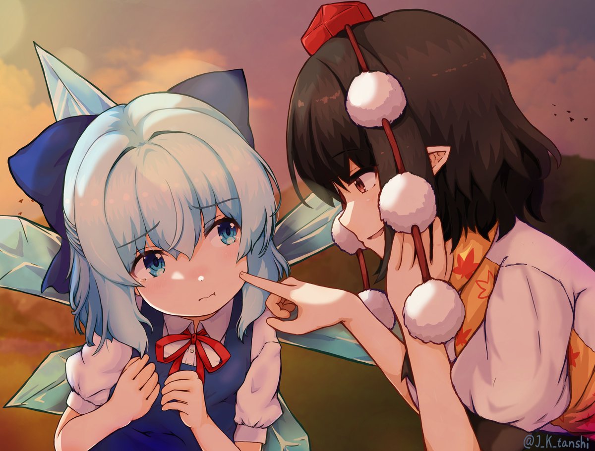 2girls, black_hat, blue_bow, blue_dress, blue_eyes, blue_hair, bow, breasts, cheek_poking, cirno, closed_mouth, collared_shirt, dress, hair_bow, hat, ice, ice_wings, medium_hair, multiple_girls, neck_ribbon, outdoors, parted_lips, pengin09rx, pointy_ears, poking, pom_pom_(clothes), puffy_short_sleeves, puffy_sleeves, raised_eyebrows, red_eyes, red_hat, red_ribbon, ribbon, shameimaru_aya, shirt, short_sleeves, small_breasts, smile, sunset, tokin_hat, touhou, white_shirt, wings, worried
