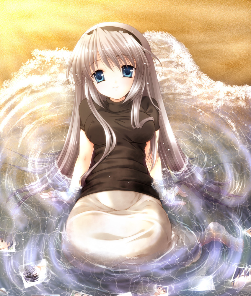 blue_eyes, breasts, clannad, grey_hair, hairband, highres, long_hair, okazaki_tomoya, photo_(object), ripples, sakagami_tomoyo, skirt, smile, solo, taut_shirt, tsukasaki_aoi, very_long_hair, water
