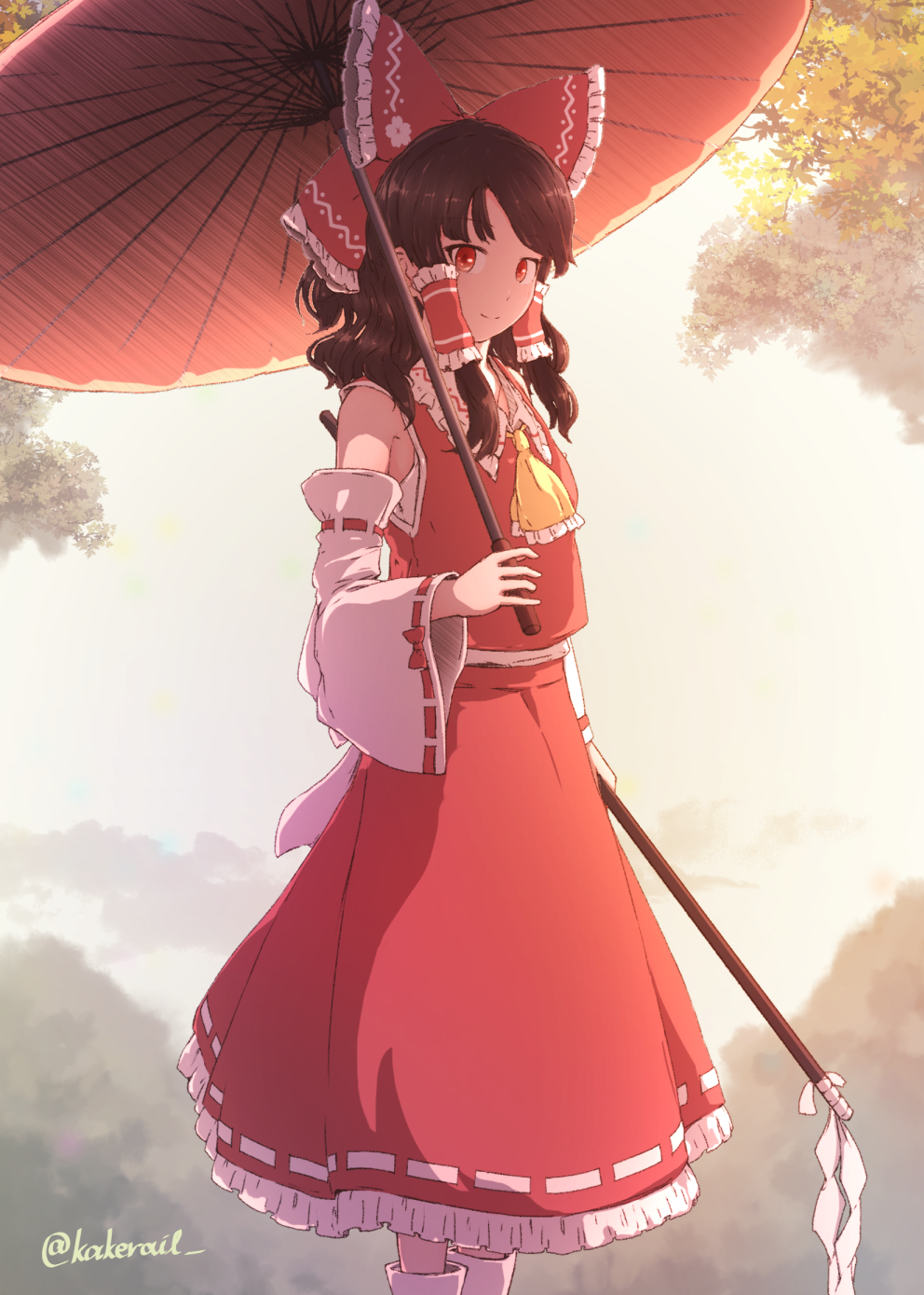 1girl, ascot, bow, brown_hair, collared_shirt, day, detached_sleeves, frilled_ascot