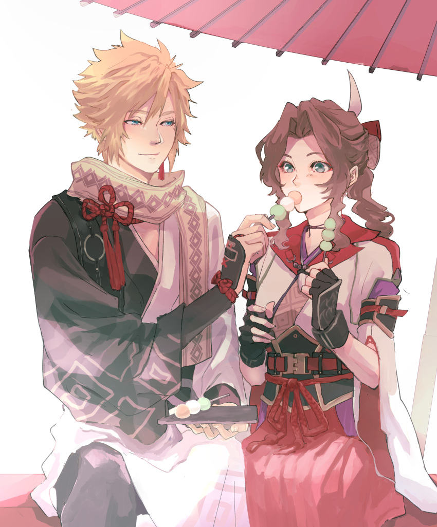 1boy, 1girl, absurdres, aerith_gainsborough_(kamura_dress), black_gloves, black_pants, blonde_hair, braid