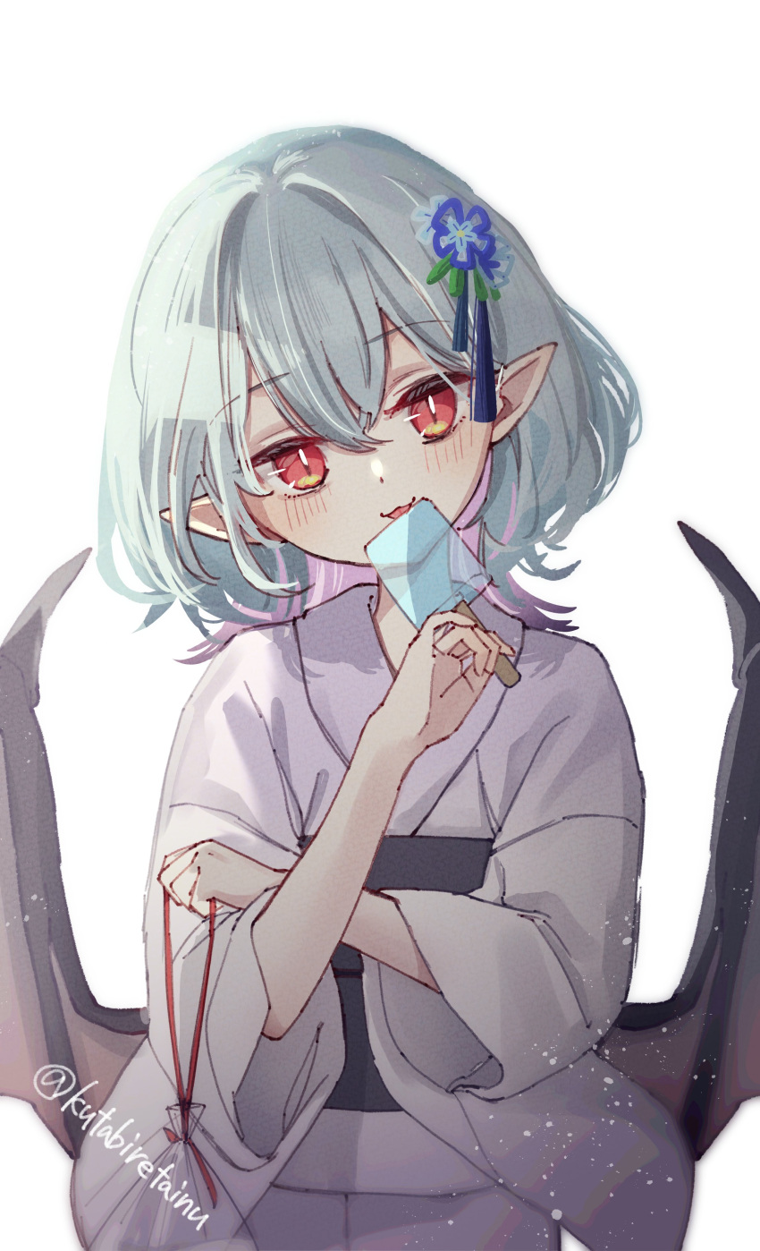 1girl, absurdres, bat_wings, blue_hair, blush, flower, food, hair_between_eyes