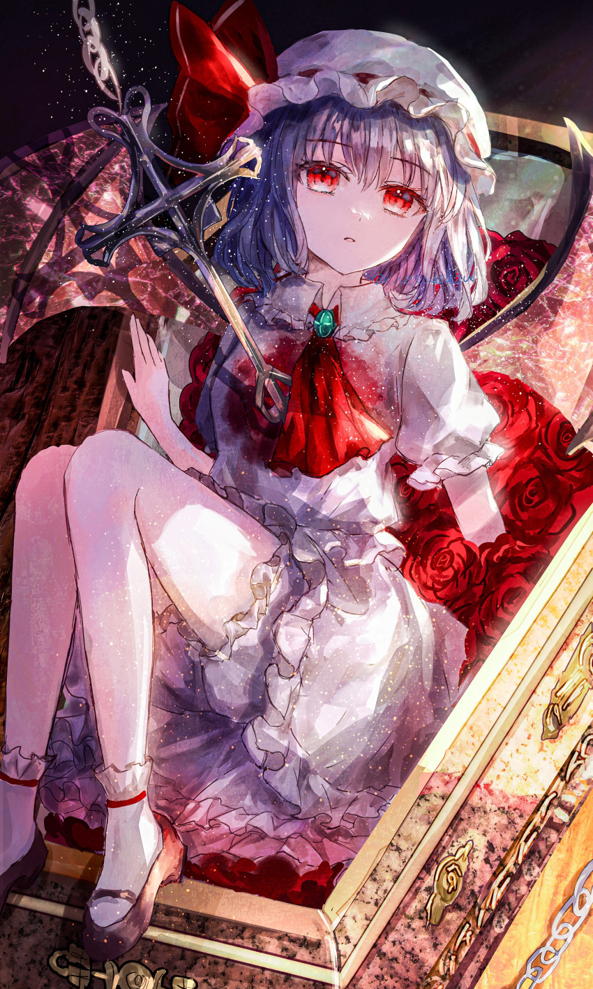 1girl, absurdres, ascot, bat_wings, blood, blue_hair, brooch, coffin