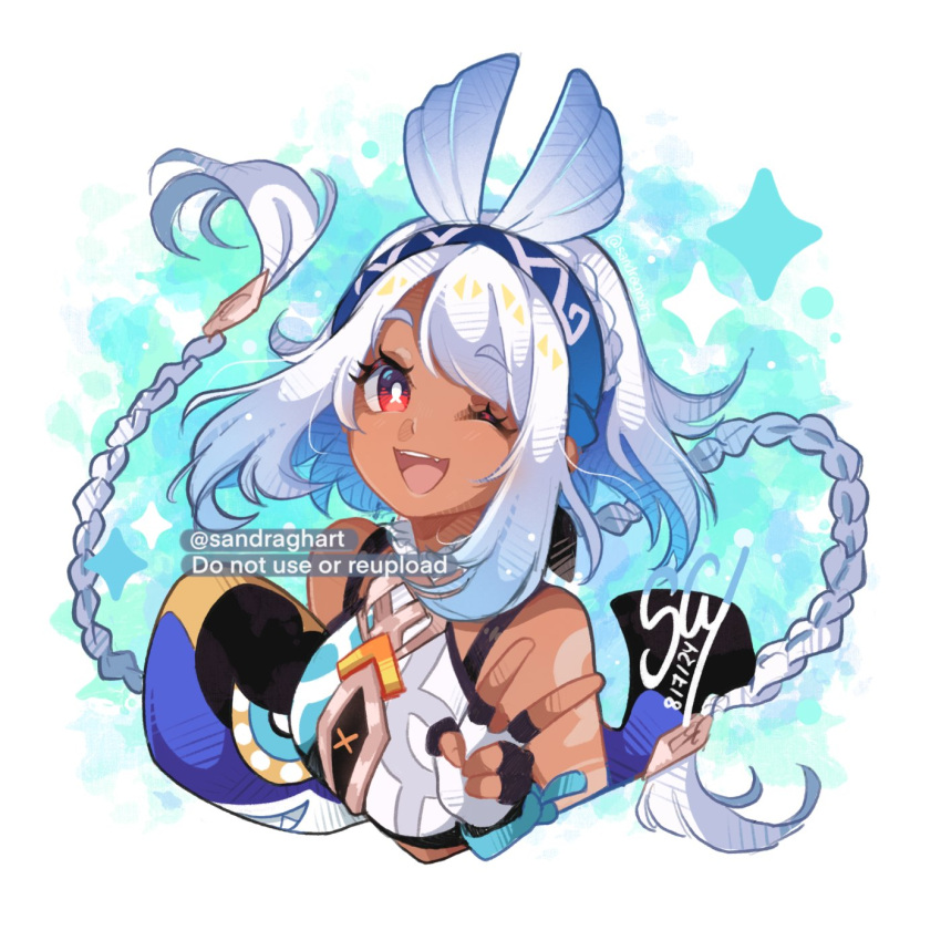 1girl, alternate_skin_color, bare_shoulders, blue_hair, blue_headband, braid, breasts, collar