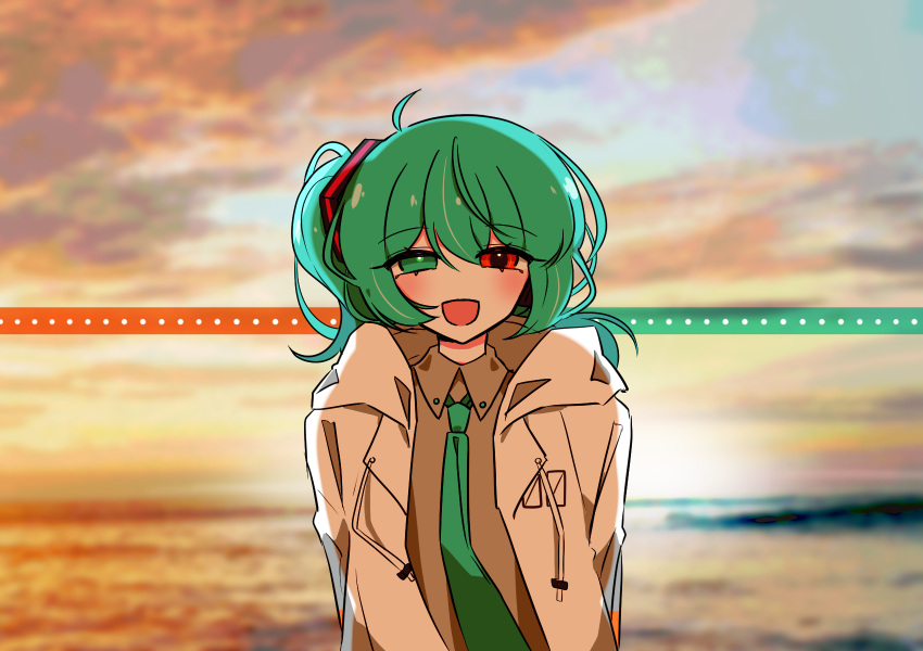 0001_(vocaloid), 1girl, a.i._voice, adachi_rei, aqua_hair, aqua_necktie, blurry, blurry_background