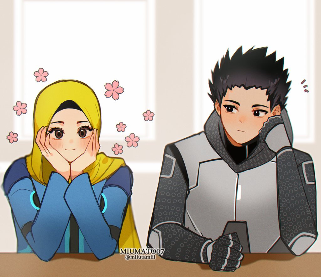1boy, 1girl, artist_name, black_eyes, black_hair, blue_bodysuit, blue_shirt, blush, bodysuit, brown_eyes, character_request, closed_mouth, commentary, ejen_ali, english_commentary, flower, gloves, head_rest, hetero, hijab, hood, iman_(ejen_ali), jacket, long_sleeves, looking_at_another, looking_at_viewer, miumato07, shirt, short_hair, smile, spiky_hair, upper_body
