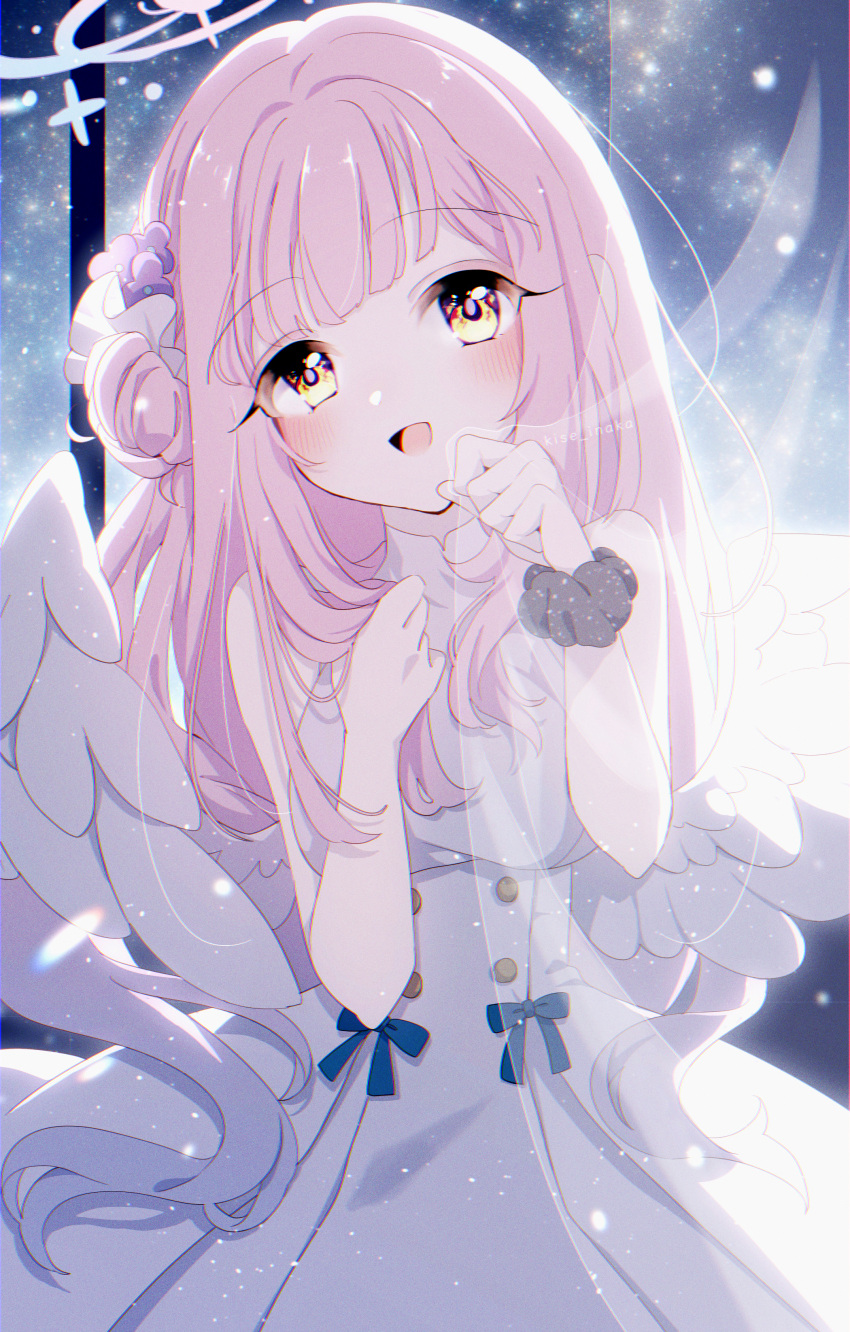 1girl, :d, absurdres, angel_wings, bare_shoulders, blue_archive, blunt_bangs, buttons