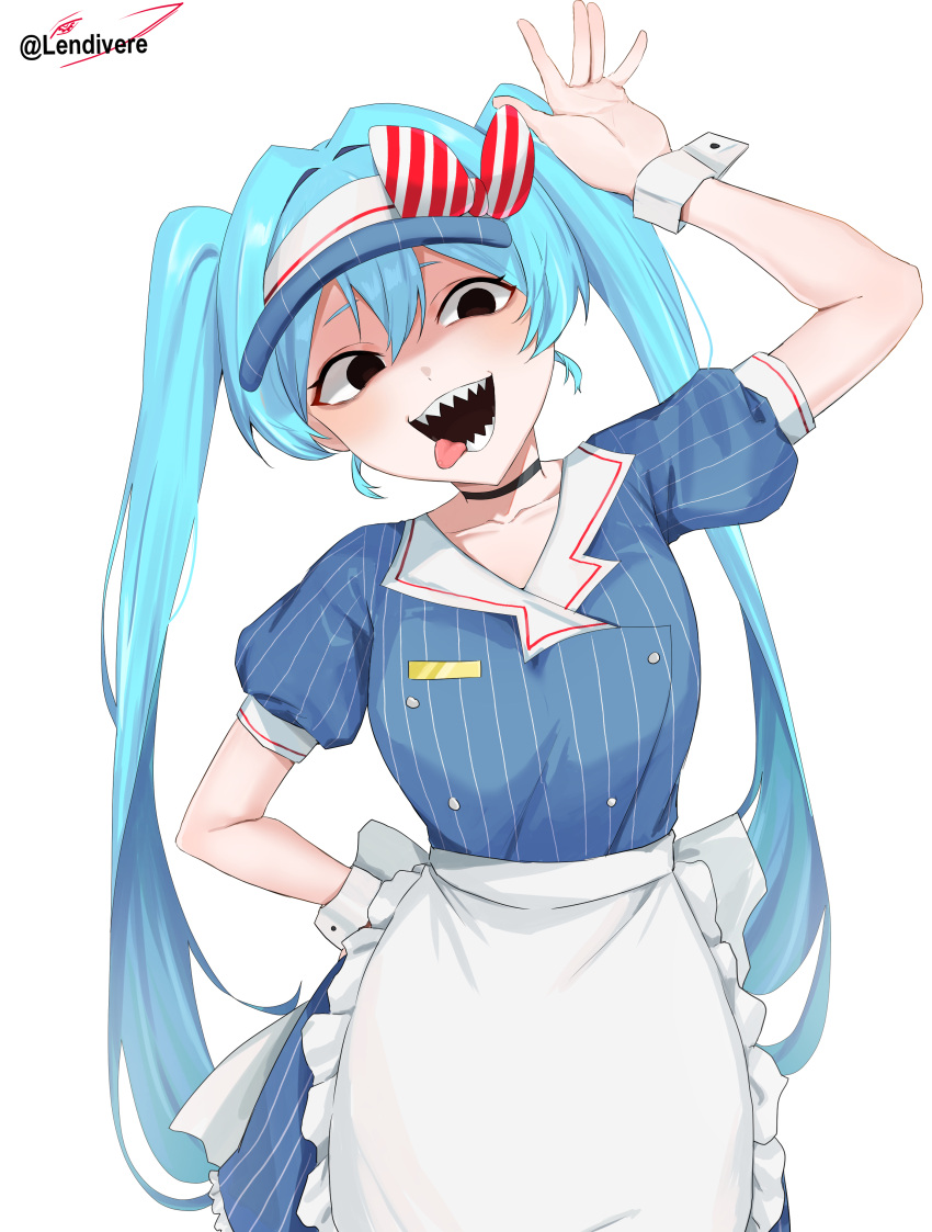 1girl, absurdres, apron, black_eyes, black_mouth, blue_hair, choker, dress