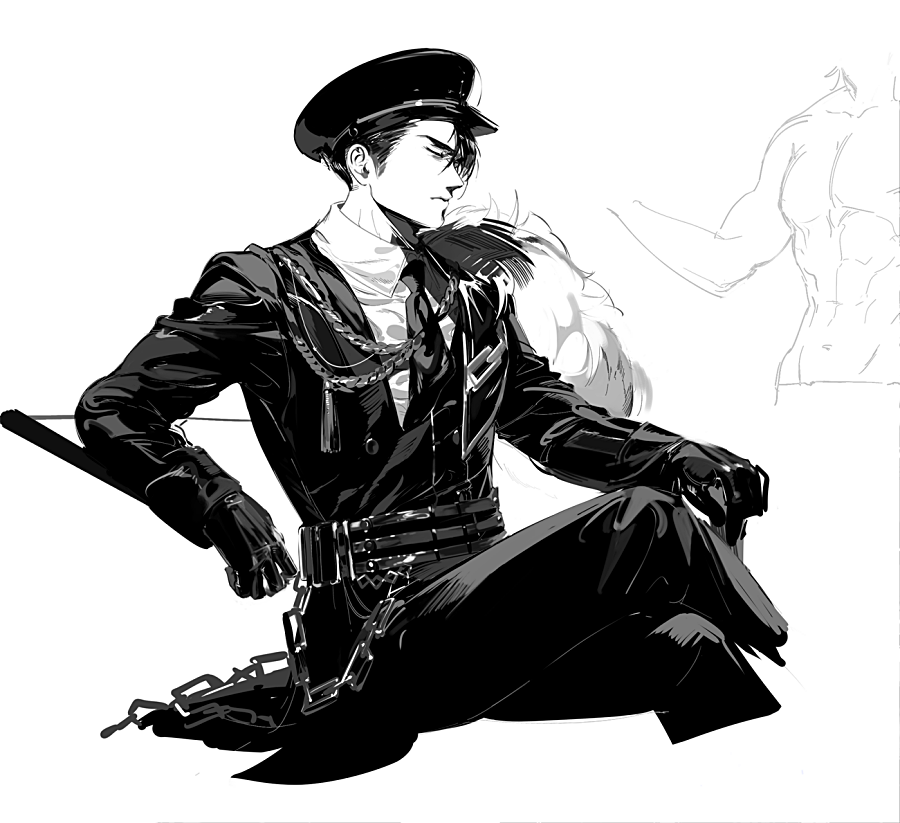 1boy, alternate_costume, belt, cane, chain, closed_eyes, closed_mouth, collared_shirt