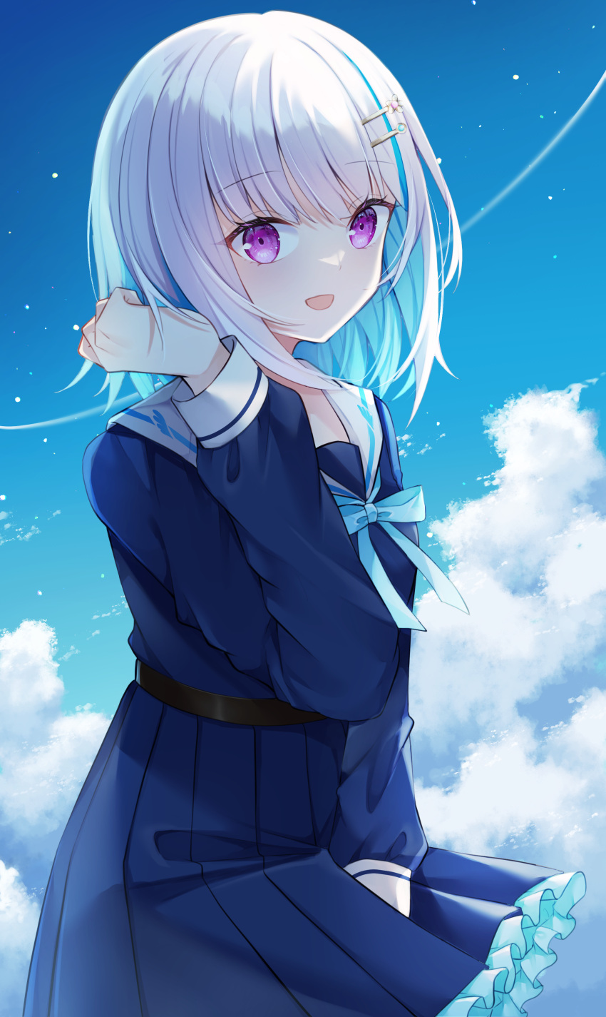 1girl, absurdres, bow, cloud, commentary_request, hair_ornament, highres, lize_helesta