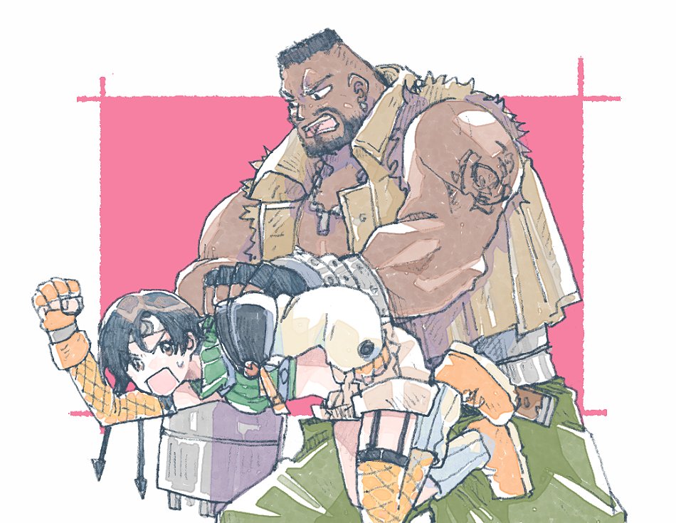 1boy, 1girl, armor, asymmetrical_legwear, barret_wallace, beard, black_hair, border