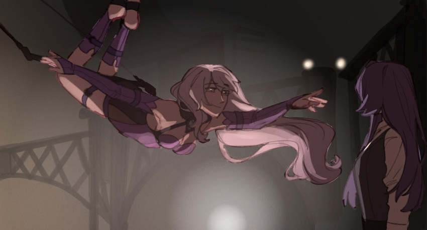 2girls, acheron_(honkai:_star_rail), acrobatics, black_pants, black_swan_(honkai:_star_rail), charathegay, detached_sleeves, grey_vest