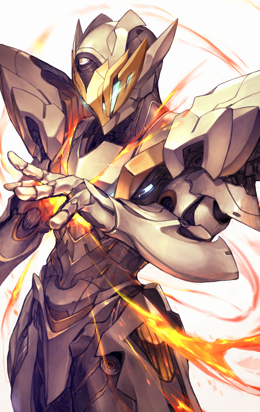 absurdres, armor, fire, full_armor, glowing_headgear, green_light, helmet, highres