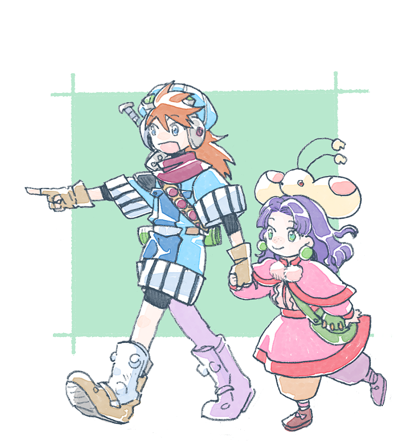 1boy, 1girl, blue_coat, blue_eyes, blue_hat, boots, capelet, closed_mouth, coat, creature, dress, earrings, fingerless_gloves, freckles, gloves, goggles, goggles_on_headwear, grandia, green_eyes, hair_between_eyes, hat, holding_hands, jewelry, justin_(grandia), long_hair, michibata_65, open_mouth, orange_hair, parted_bangs, pink_capelet, pink_dress, pointing, pom_pom_(clothes), puffy_pants, purple_hair, puui_(grandia), red_scarf, scarf, sitting, sitting_on_head, sitting_on_person, smile, sue_(grandia), walking, weapon, weapon_on_back