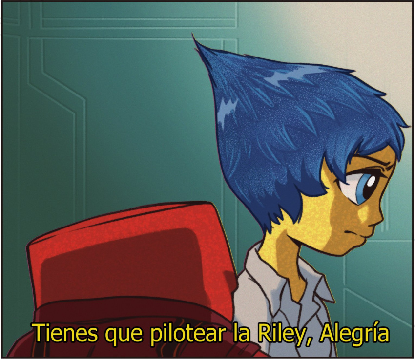 1boy, 1girl, anger_(inside_out), blue_eyes, blue_hair, collared_shirt, colored_skin, crossover, fianurart, highres, inside_out, jacket, joy_(inside_out), looking_to_the_side, neon_genesis_evangelion, red_skin, shirt, simple_background, spanish_text, talking, upper_body, yellow_skin