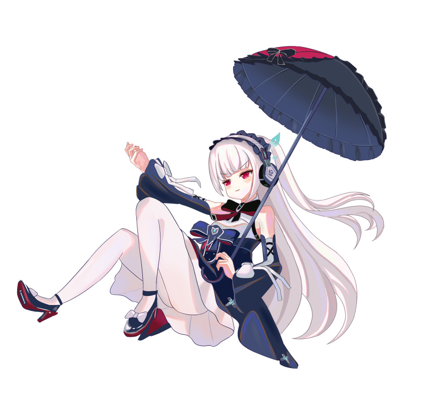1girl, absurdres, azur_lane, bare_shoulders, black_footwear, black_umbrella, blue_bow, bow