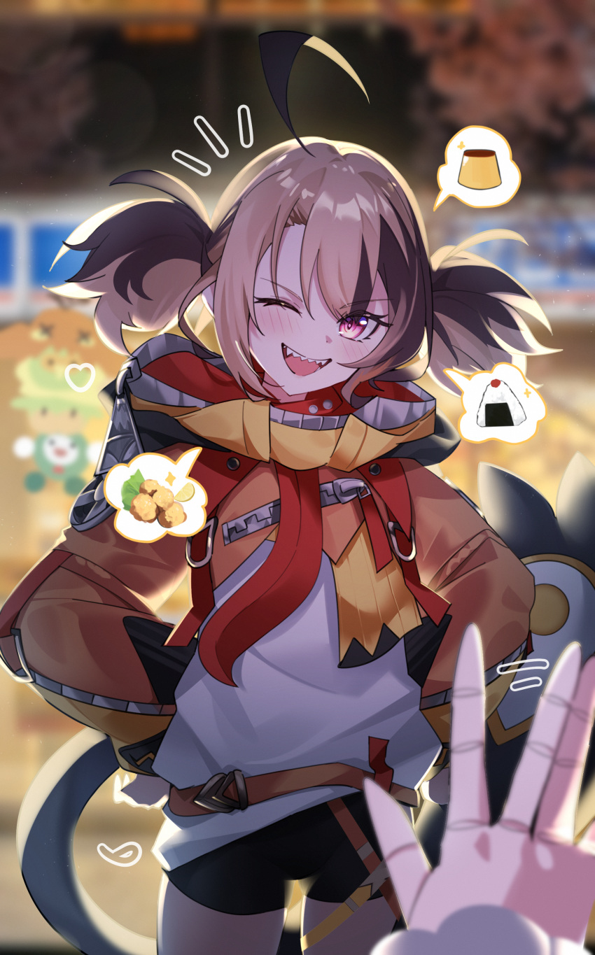 2girls, absurdres, bike_shorts, black_shorts, blurry, blurry_background, blush, brown_hair, cecilia_immergreen, chicken_(food), cowboy_shot, cowlick, female_pov, food, fried_chicken, gigi_murin, hair_between_eyes, hands_on_own_hips, heart, highres, hololive, hololive_english, hood, hood_down, hooded_shrug, jimo_0074, large_tail, light_brown_hair, long_sleeves, looking_at_viewer, motion_lines, multicolored_hair, multiple_girls, notice_lines, one_eye_closed, onigiri, open_mouth, orange_shrug, outdoors, pink_eyes, pov, pov_hands, pudding, puffy_long_sleeves, puffy_sleeves, sharp_teeth, shirt, short_hair, shorts, shrug_(clothing), smile, solo_focus, spoken_food, standing, tail, teeth, tongue, twintails, two-tone_hair, virtual_youtuber, white_shirt, zipper_pull_tab