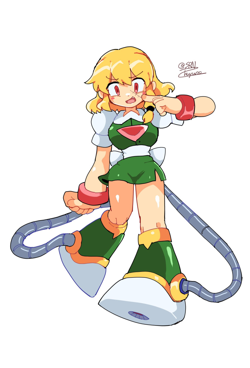 1girl, blonde_hair, dress, full_body, green_dress, highres, medium_hair, mega_man_(classic)