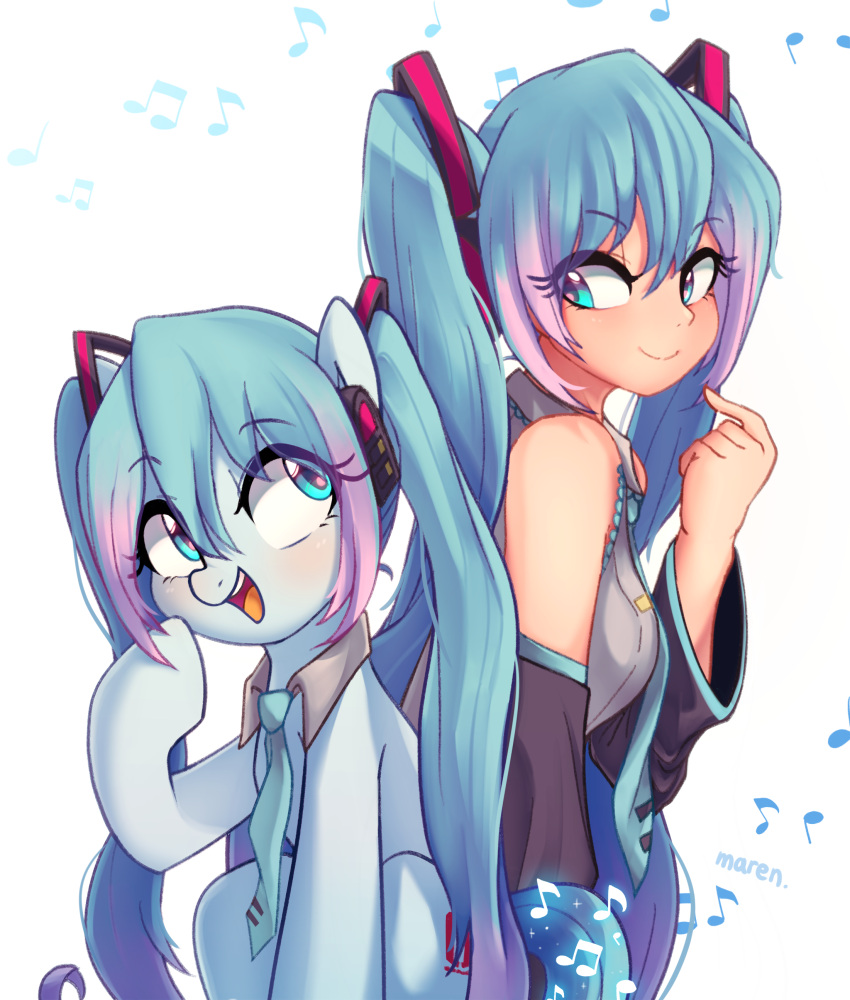 1girl, absurdres, animal, animalization, aqua_eyes, aqua_hair, aqua_necktie, clothed_animal, cutie_mark, detached_sleeves, dual_persona, gradient_hair, hatsune_miku, hatsune_miku_(pony), highres, kotobukiya_bishoujo, long_hair, looking_at_another, looking_back, maren, multicolored_hair, musical_note, my_little_pony, my_little_pony:_friendship_is_magic, necktie, open_mouth, person_and_animalization, pink_hair, pony_(animal), sitting, smile, solo, tail, twintails, very_long_hair, vocaloid, white_background