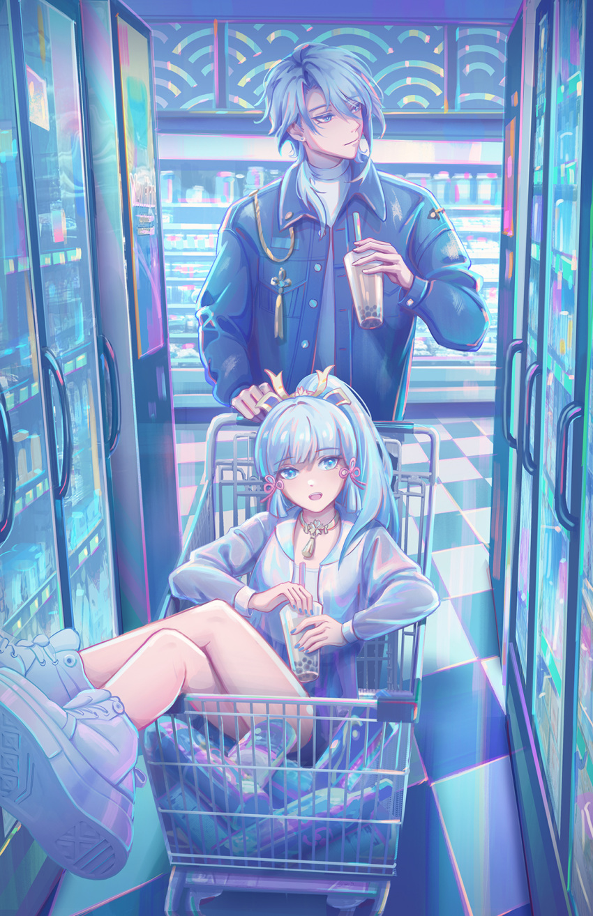 1boy, 1girl, bubble_tea, genshin_impact, hair_ornament, highres, in_shopping_cart, jacket