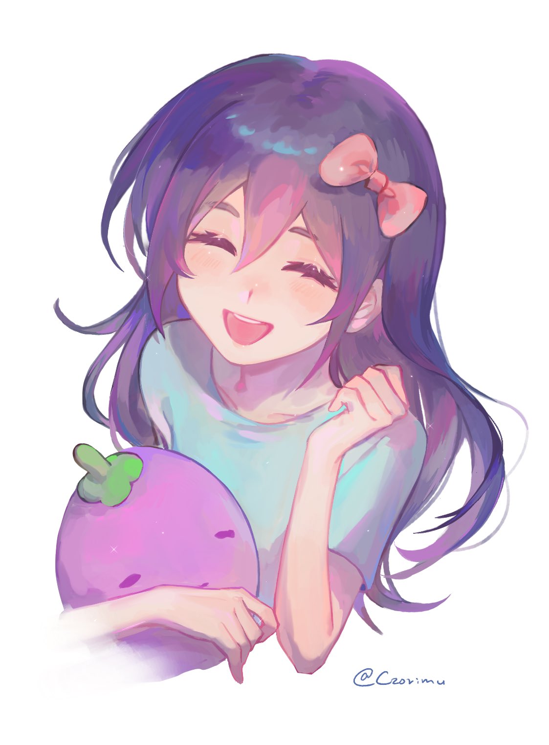 1girl, aubrey_(headspace)_(omori), aubrey_(omori), blush, bow, closed_eyes, collarbone, czorimu